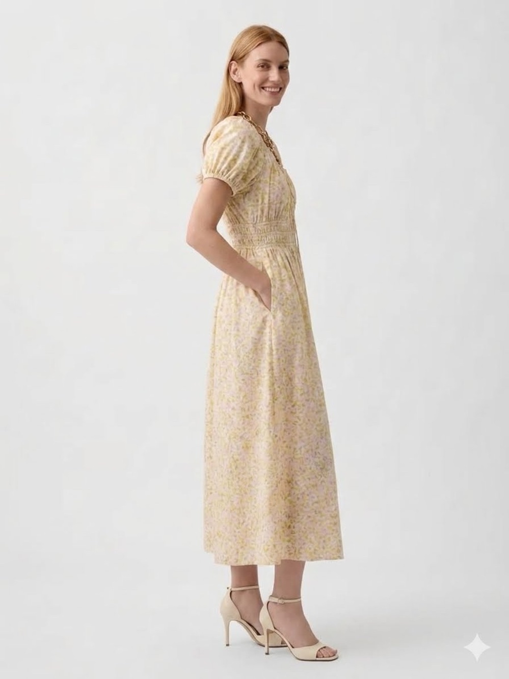 GAP NWT Yellow Floral Puff-Sleeve Maxi Dress~Size L - Picture 4 of 6